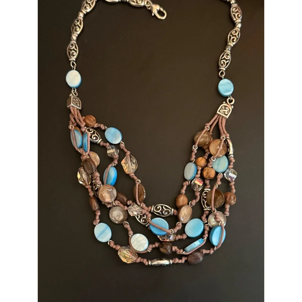 Brighton Multi Strand Shell Wood Bead Necklace Silver Tone Blue Brown 18-20